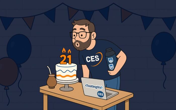 dibujo realizado por IA representando al CES celebrando ser referente de calidad de software en Uruguay